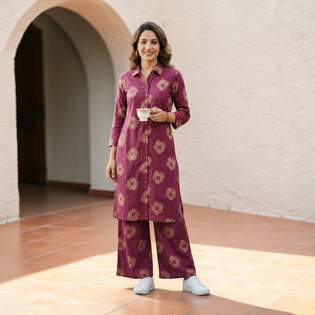 City Center maroon floral co-ord set with collared tunic and wide-leg palazzo pants worn by a smiling woman.