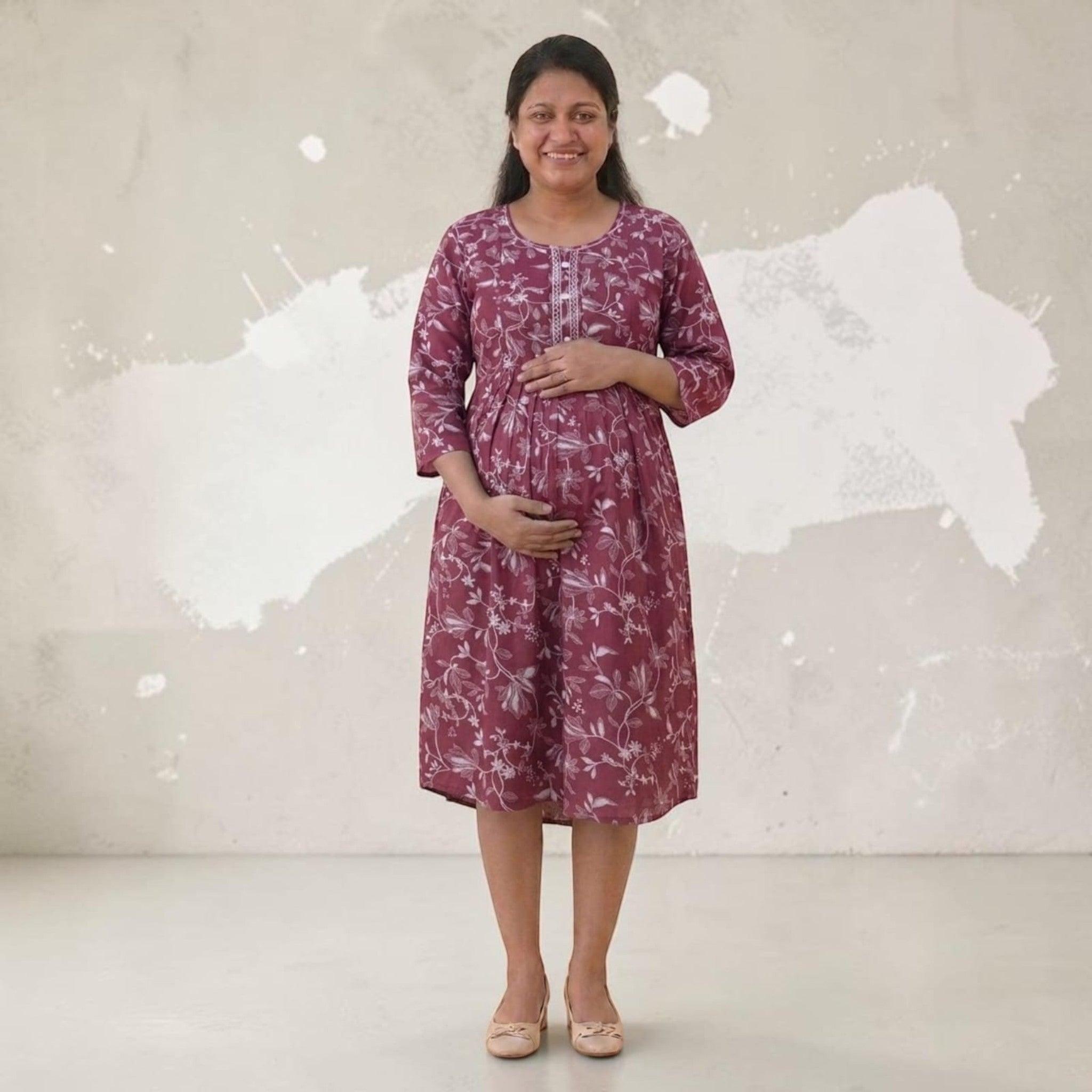 City Center maternity and nursing gown in maroon cotton with white floral print and concealed zippers for feeding