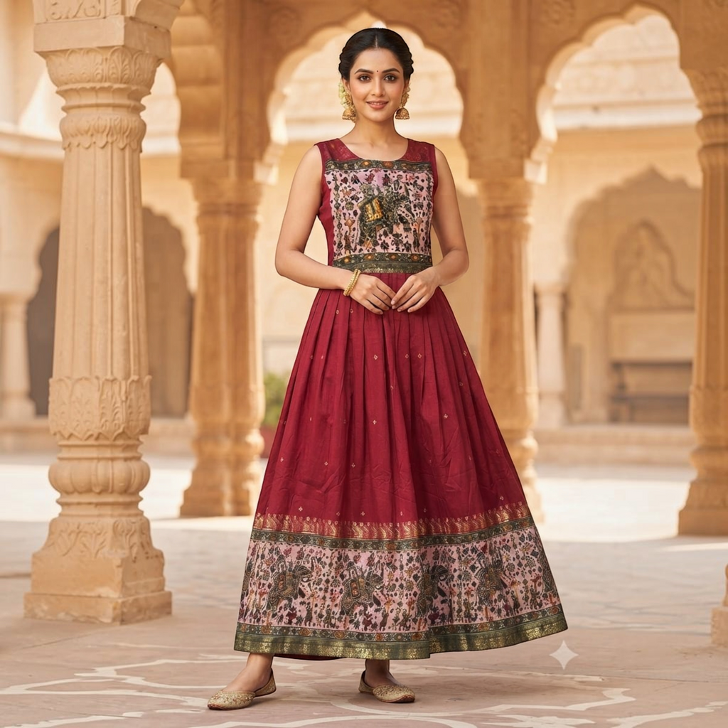 City Center traditional maroon and floral print one-piece dress worn by a woman in an ornate stone courtyard.