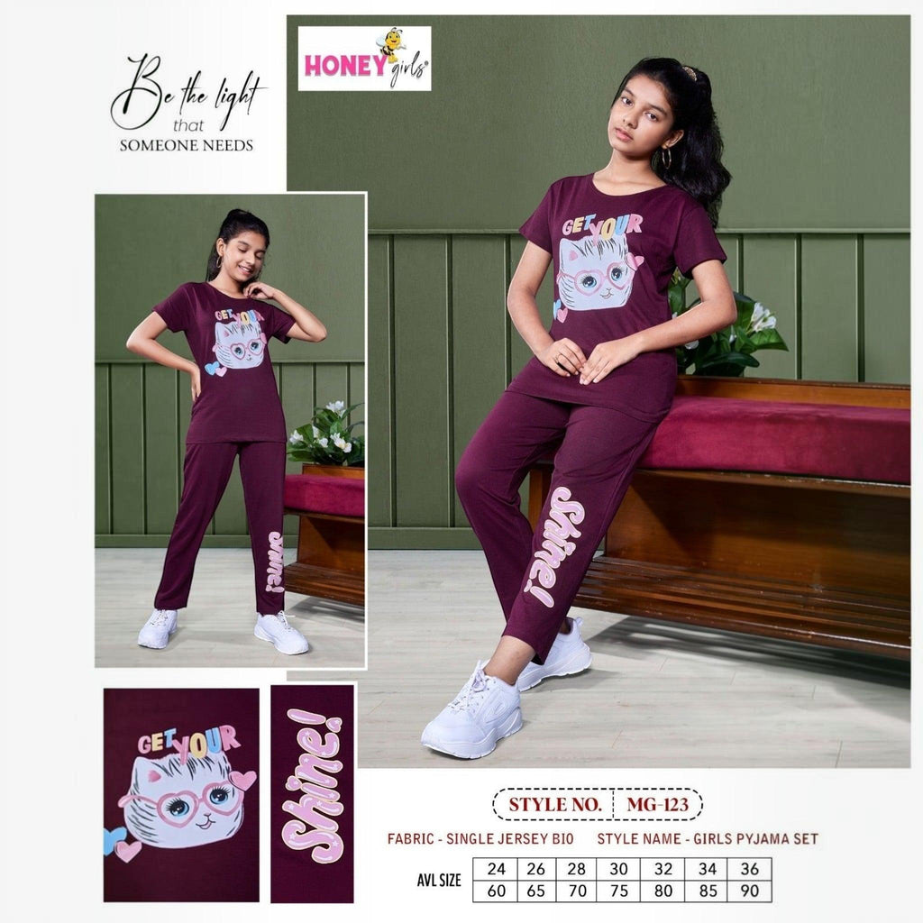 City Center Honey Girls maroon cotton cord set with cat graphic print and Shine text on the leg for young girls.