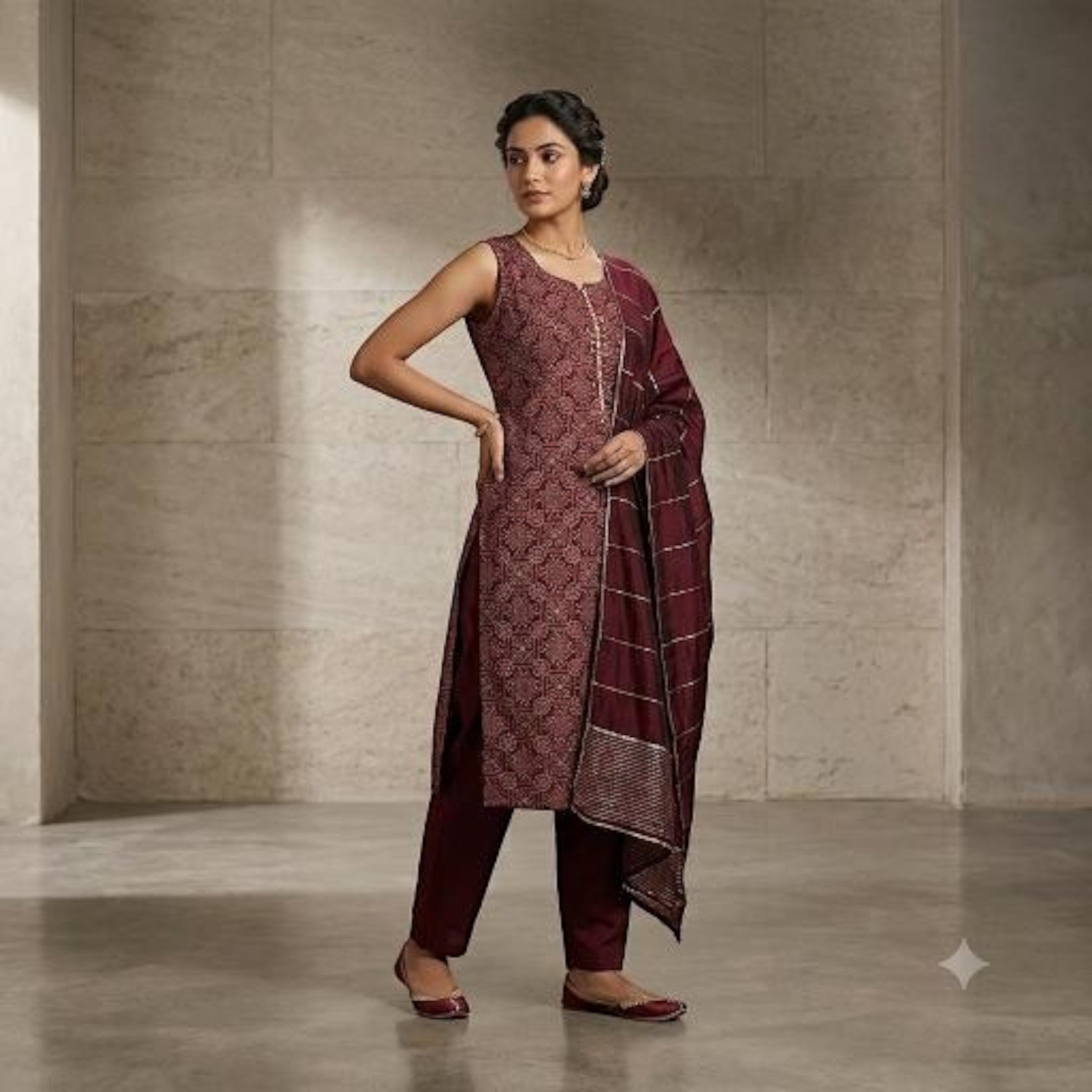 City Center sleeveless maroon kurti set with intricate geometric prints, tailored trousers, and a metallic dupatta.