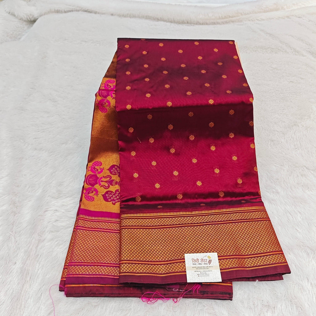 City Center maroon Paithani silk saree with gold zari peacock border and intricate floral motifs