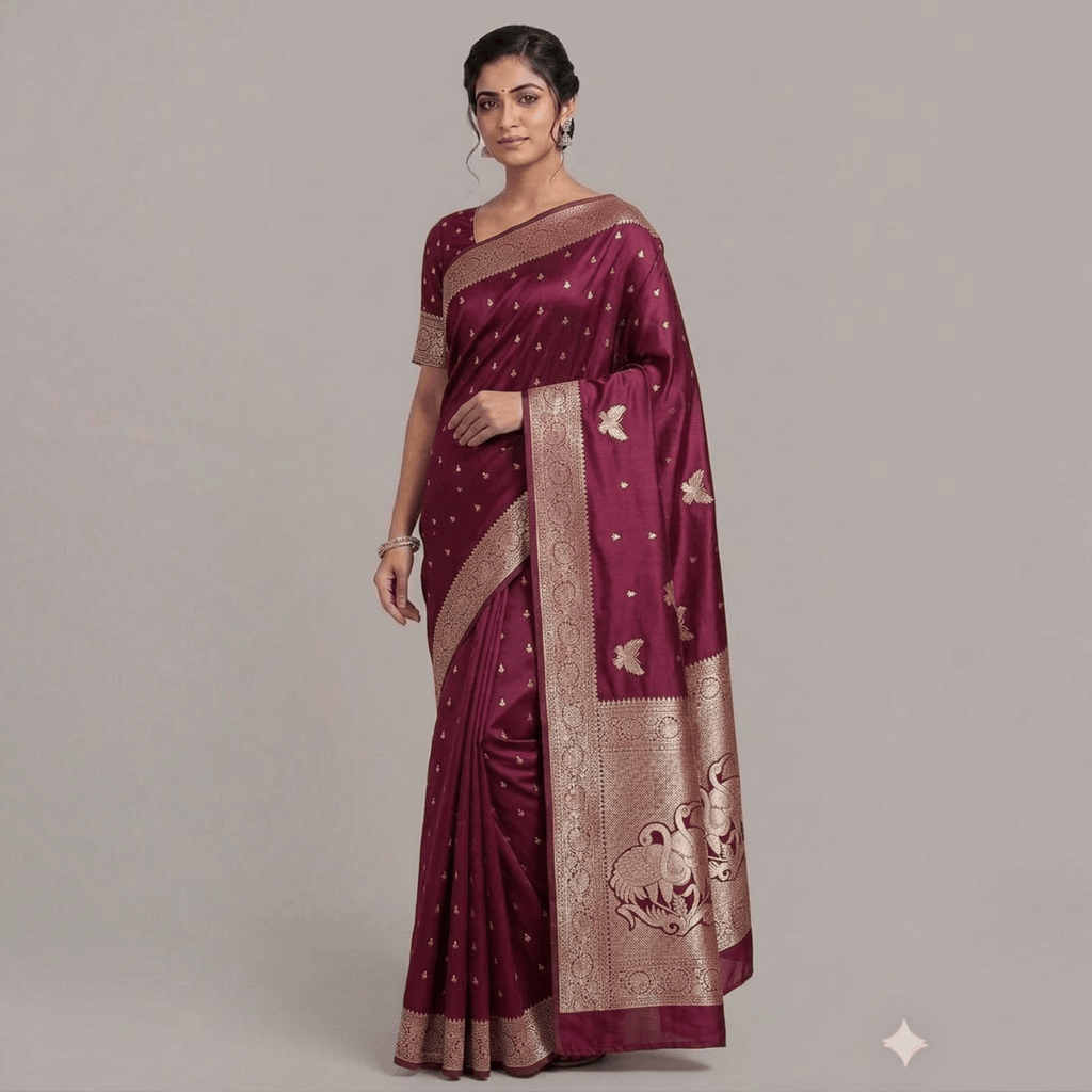 City Center premium maroon silk Katpadar saree with intricate gold zari brocade border and floral motifs