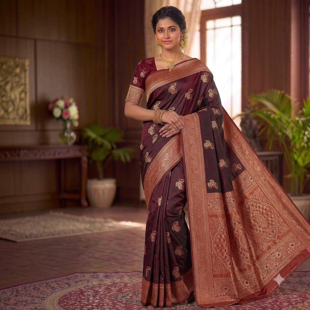 City Center traditional maroon silk saree with intricate gold zari woven motifs and border for formal occasions