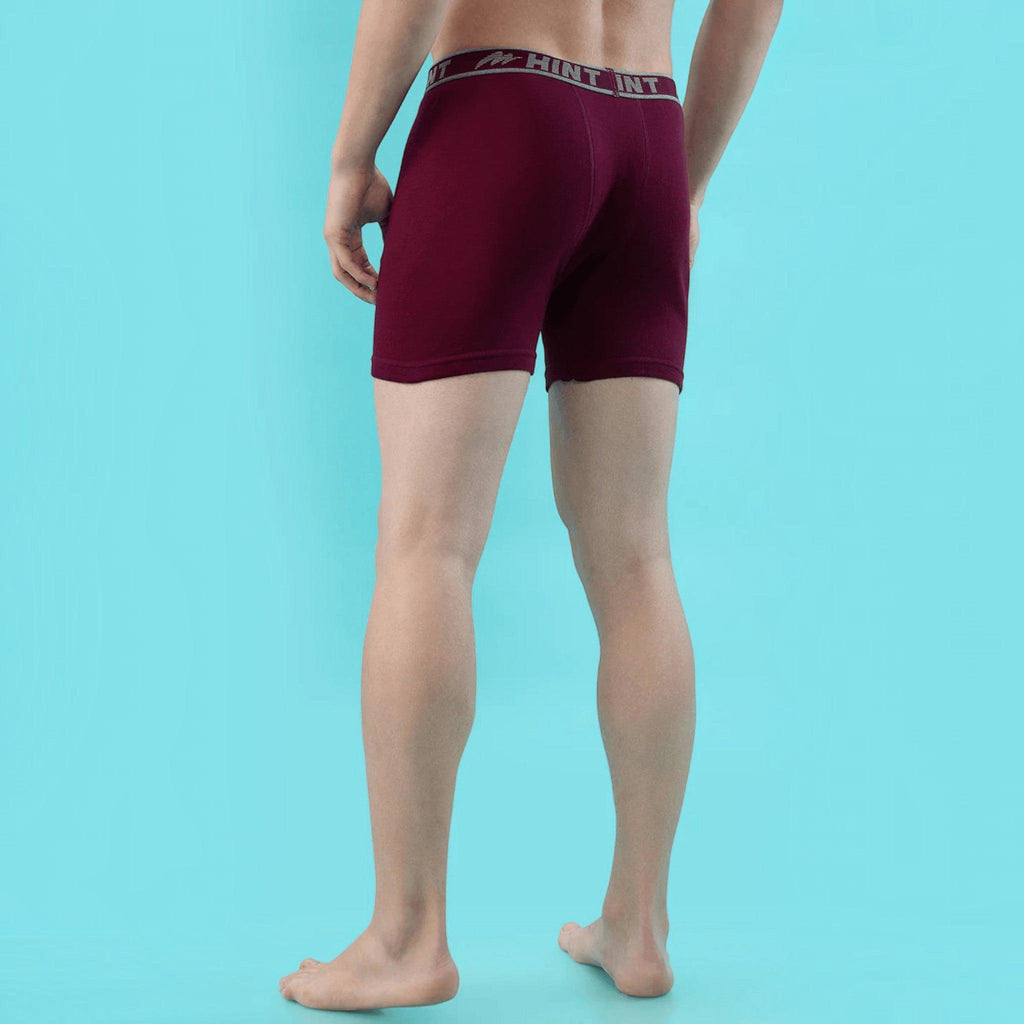 City Center men's maroon stretch long trunks with an elasticated waistband, shown from the back on a light blue background