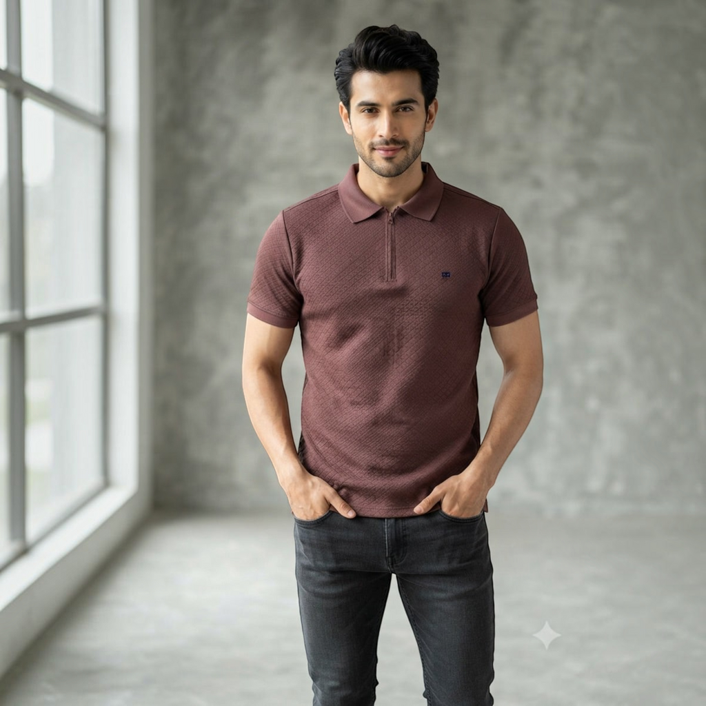 City Center M-Line men's maroon textured polo shirt with a quarter-zip collar worn by a man in a studio setting