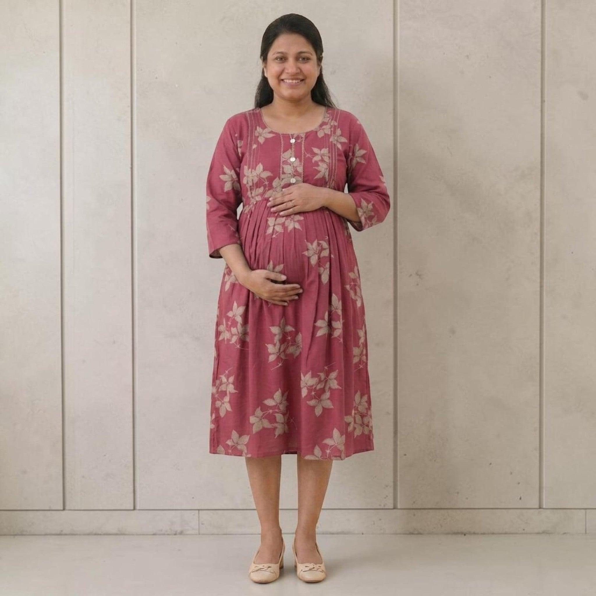 City Center maternity and nursing gown in dusty rose cotton with a floral print and concealed front feeding zippers