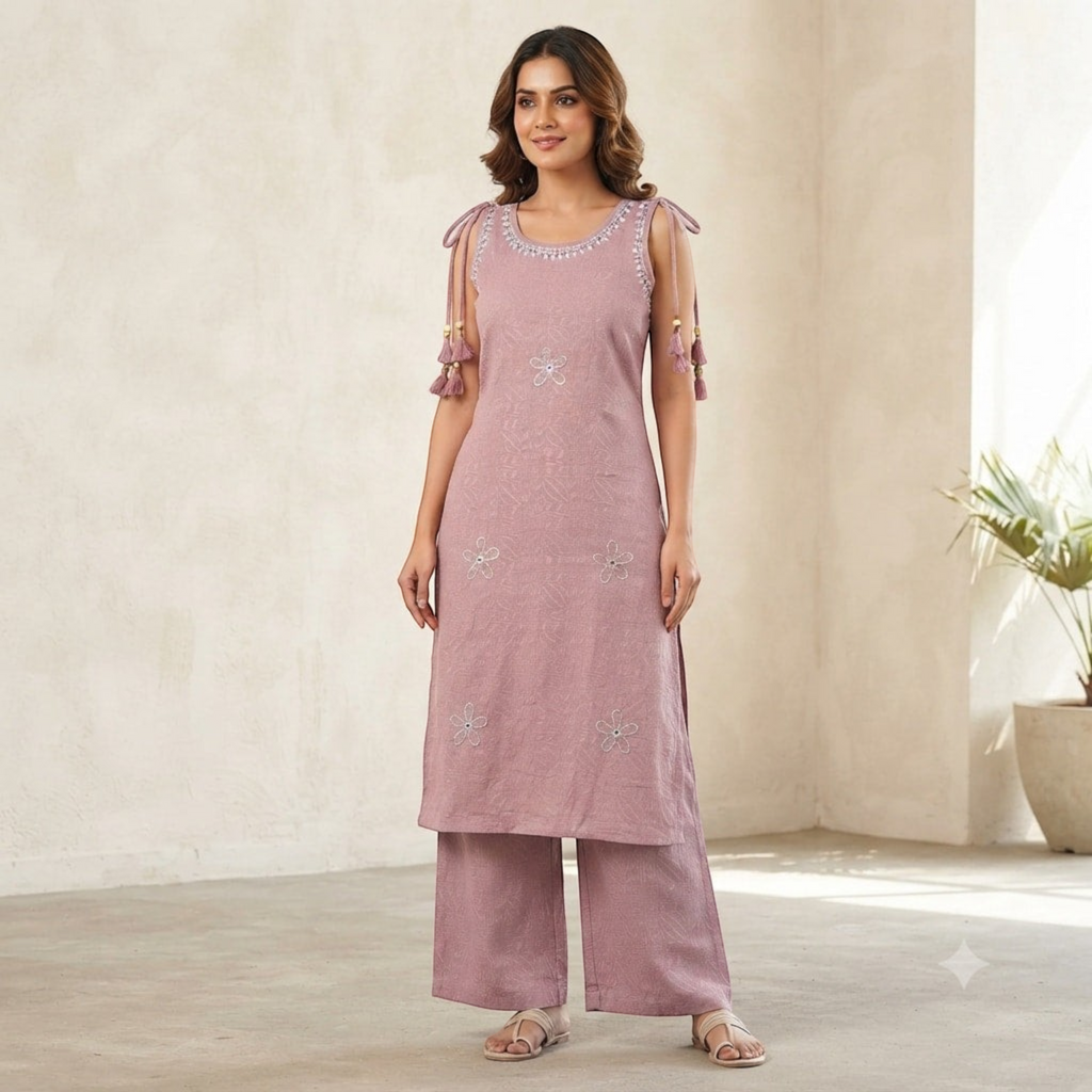 City Center mauve co-ord set featuring a sleeveless tunic with tassel shoulder ties and matching wide-leg trousers.