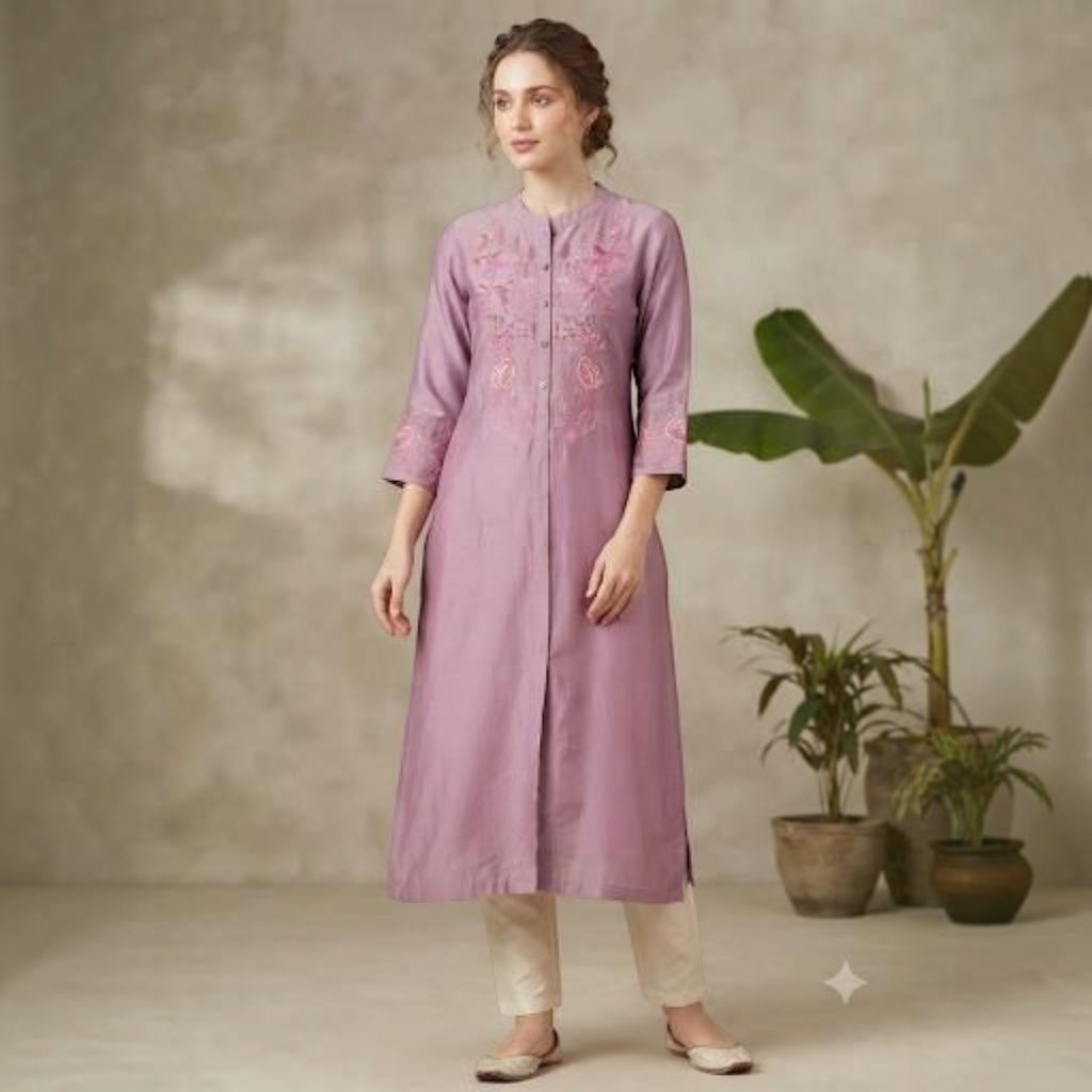 City Center mauve straight kurti with delicate floral embroidery, mandarin collar, and three-quarter sleeves.