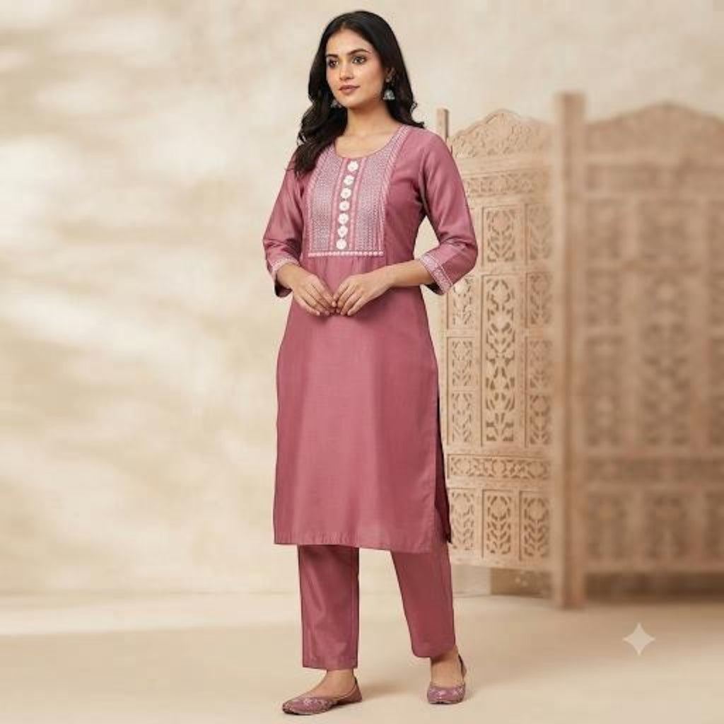 City Center mauve ethnic co-ord set featuring a kurta with white floral embroidery and matching straight-leg trousers.