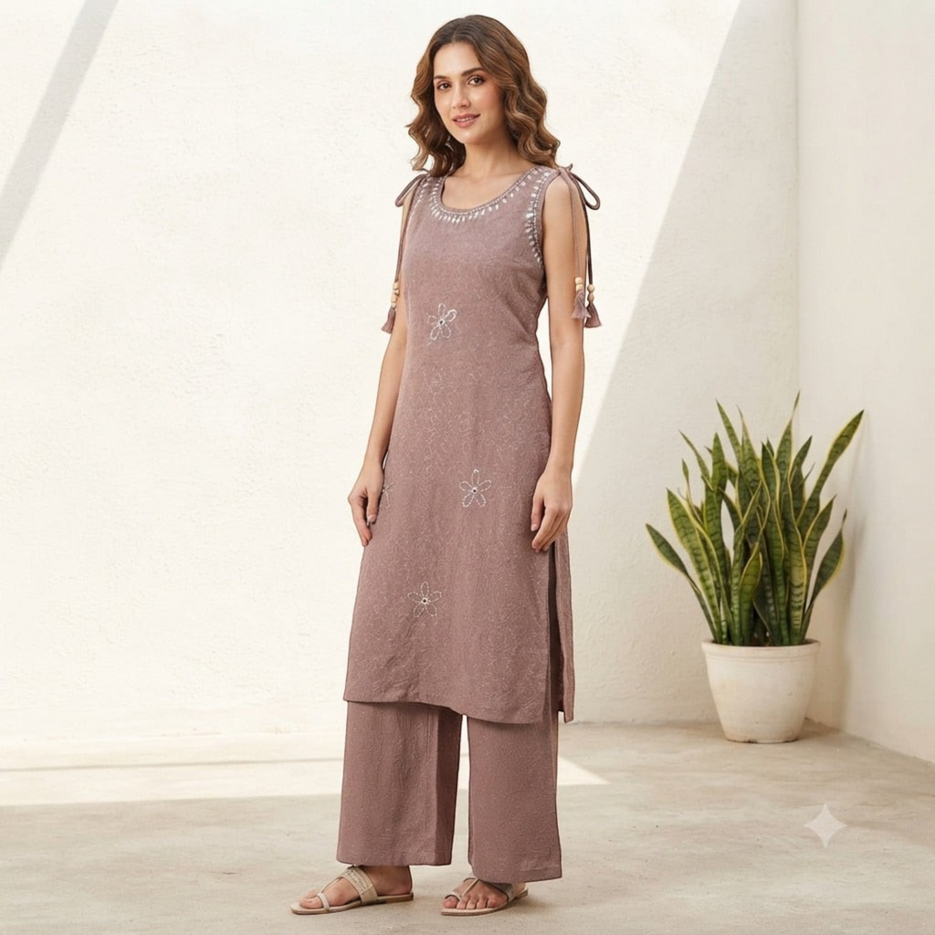 City Center mauve co-ord set featuring a sleeveless tunic with floral embroidery and matching wide-leg trousers