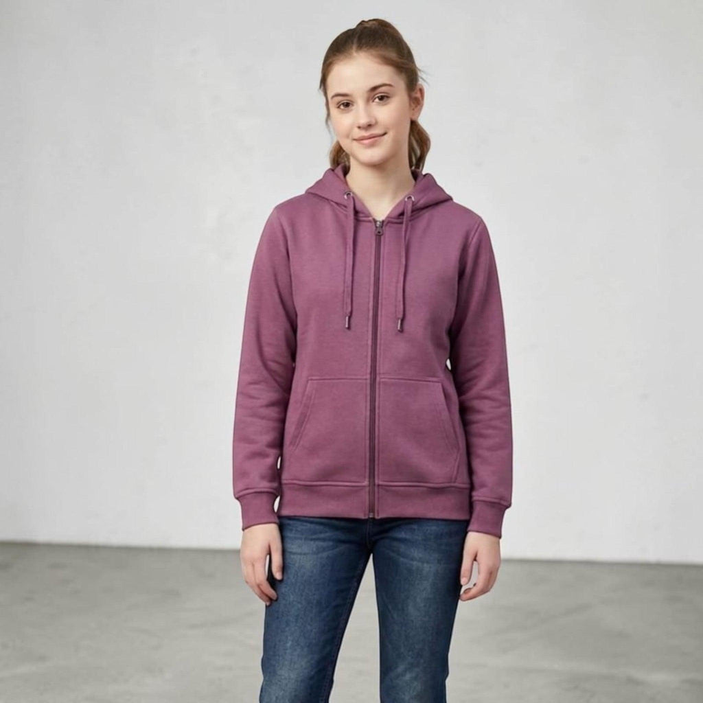 City Center mauve full zip hooded sweatshirt with drawstring hood and front pockets worn by a young woman
