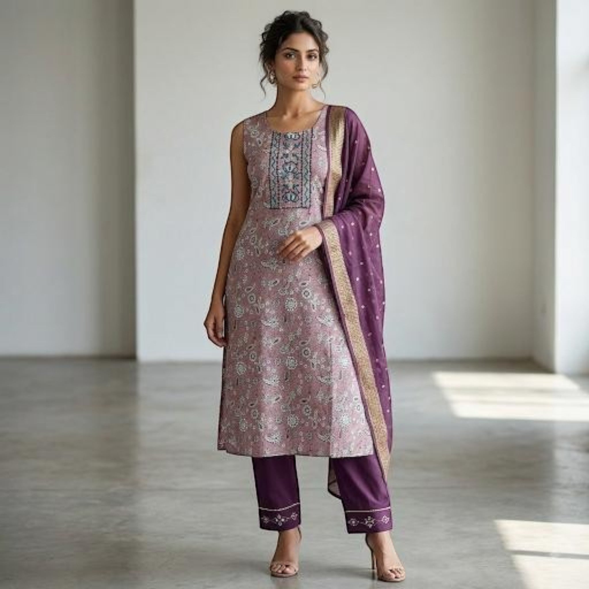 City Center sleeveless kurti and cigarette pant set in mauve with floral print, embroidery, and a matching dupatta.