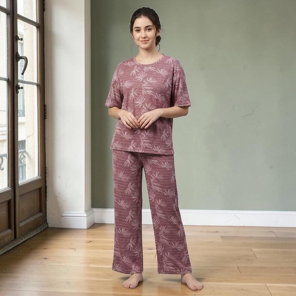 City Center women's mauve lounge pajama set with short sleeves and a white leaf print in a relaxed wide-leg fit.