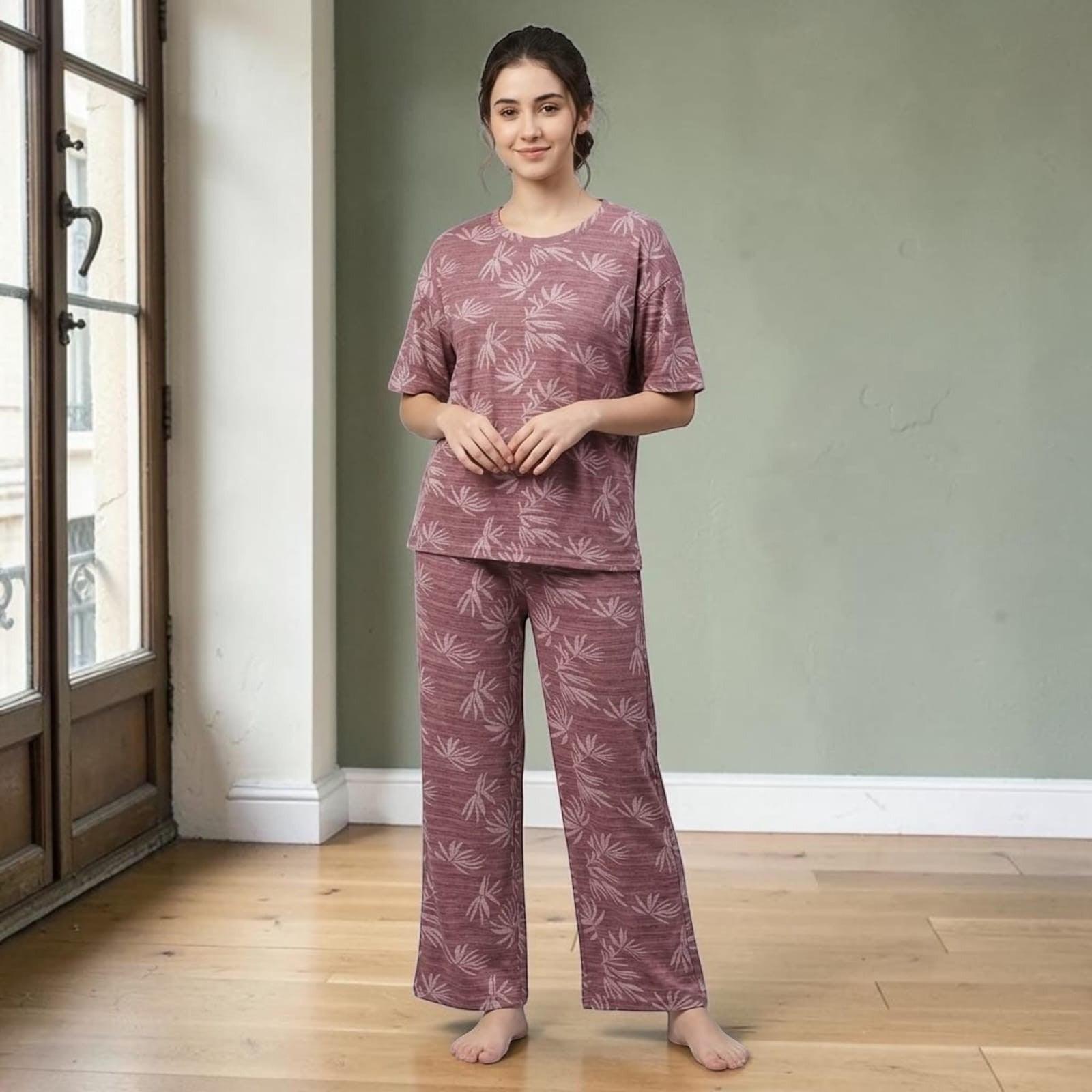 City Center women's mauve lounge pajama set with short sleeves and a white leaf print in a relaxed wide-leg fit.
