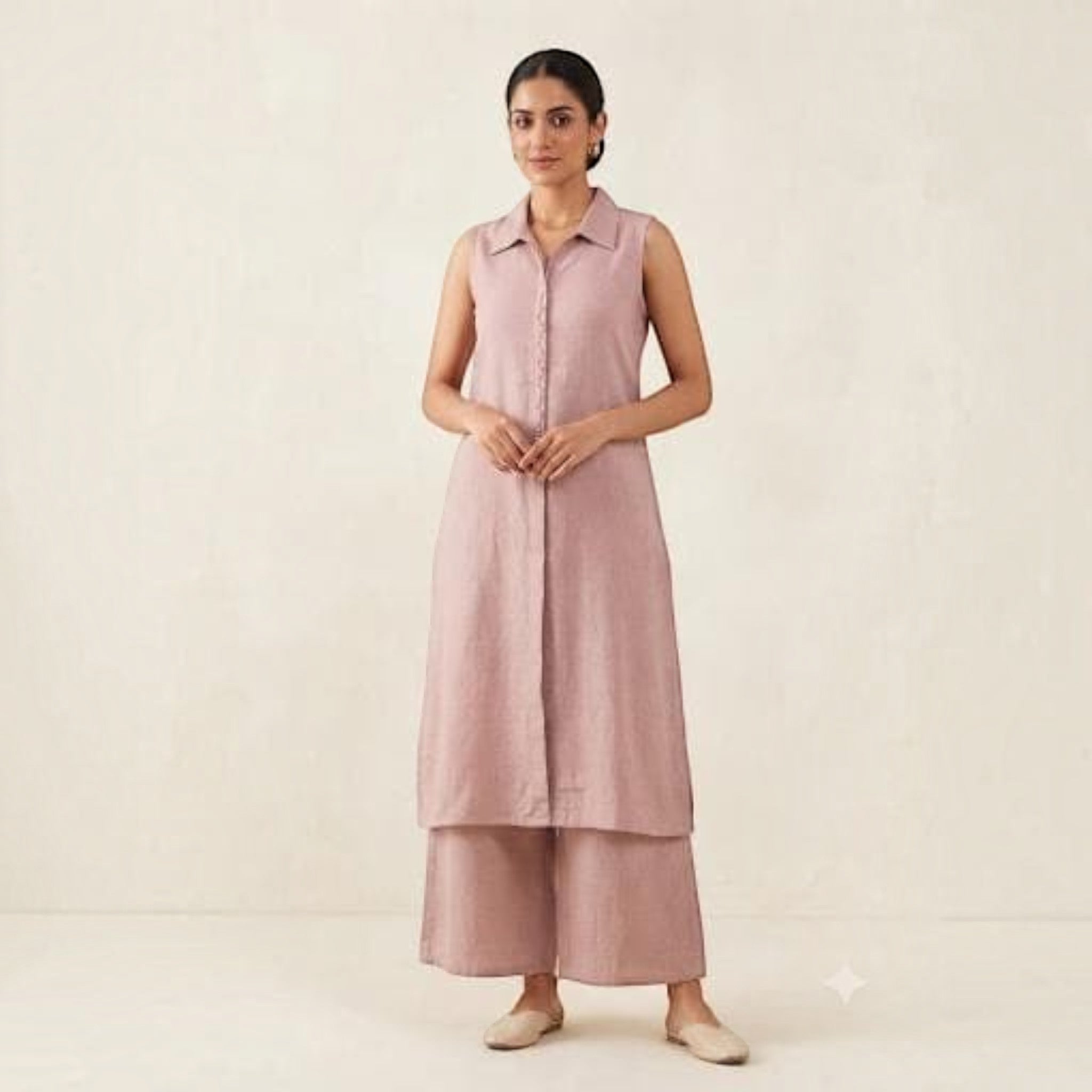 City Center premium mauve sleeveless button-down tunic and wide-leg trousers co-ord set worn by a woman