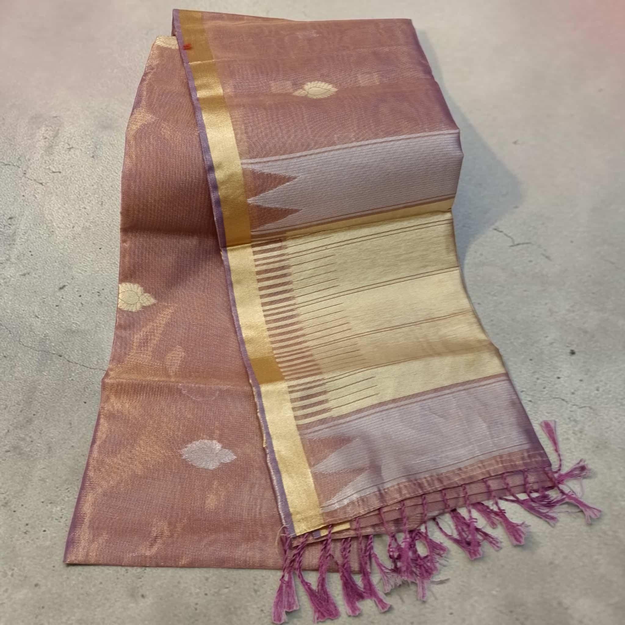 City Center tissue cotton saree in mauve with gold zari border and delicate floral motifs, featuring a tasseled pallu.