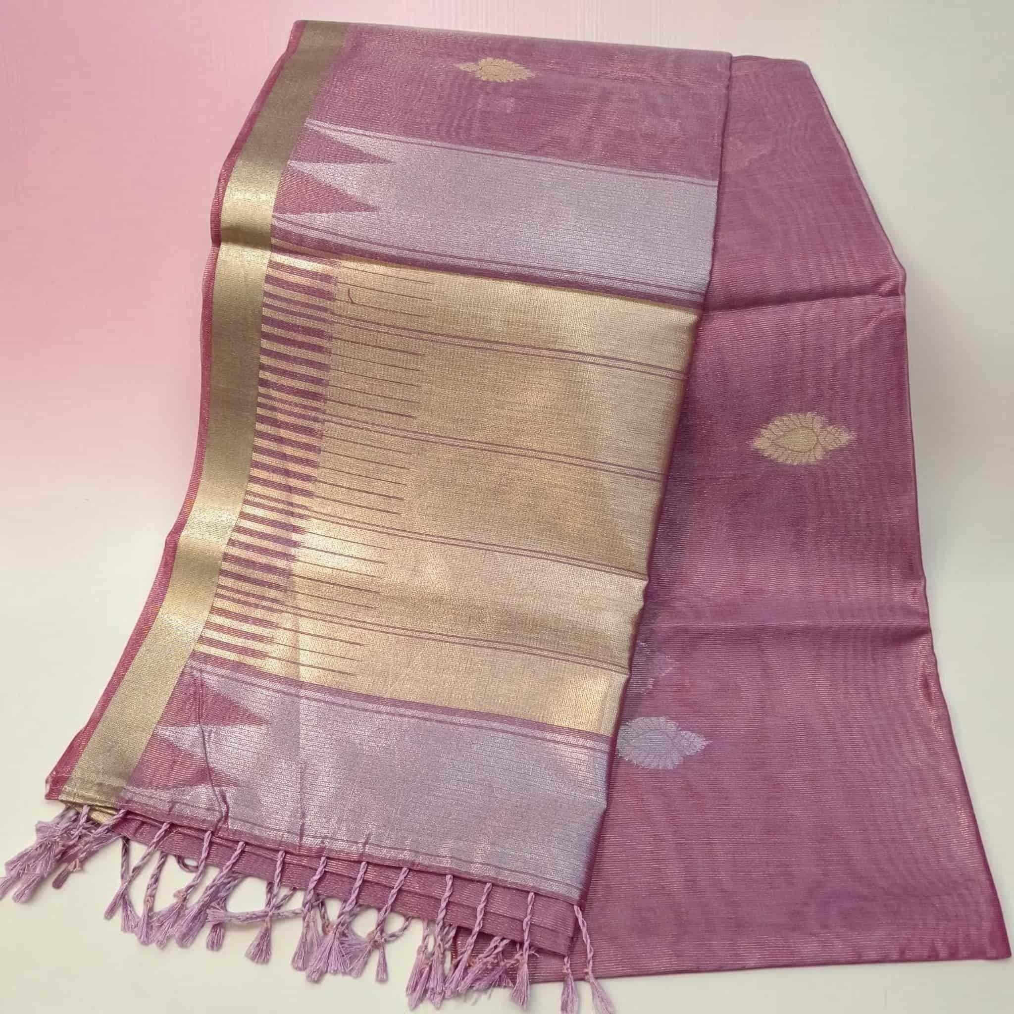 City Center mauve tissue cotton saree with gold zari border and delicate floral motifs for festive wear