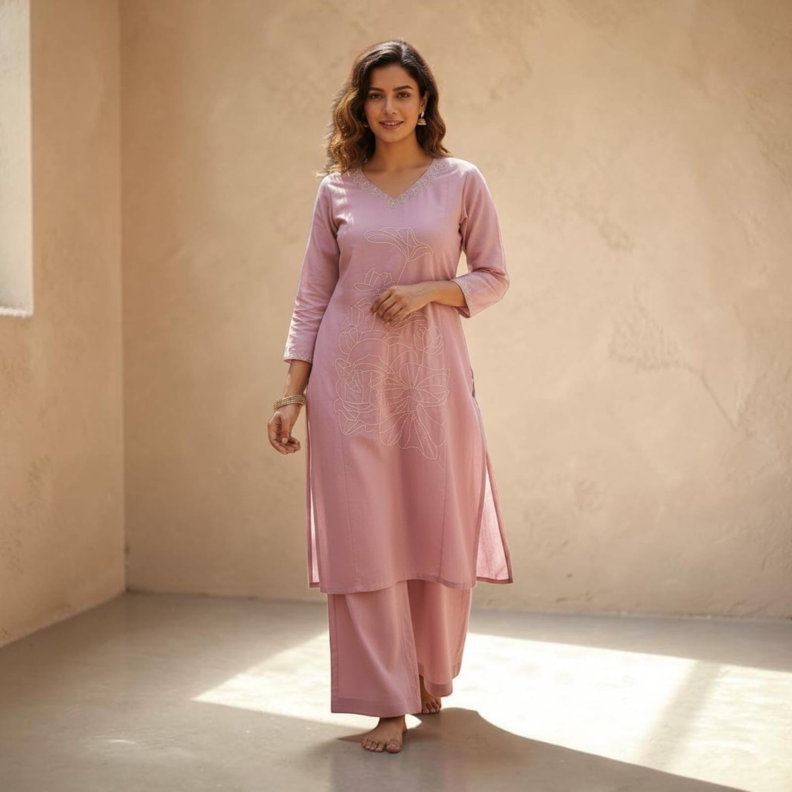 City Center mauve Vatican fabric cord set with delicate floral embroidery on the kurti and matching wide-leg pants.