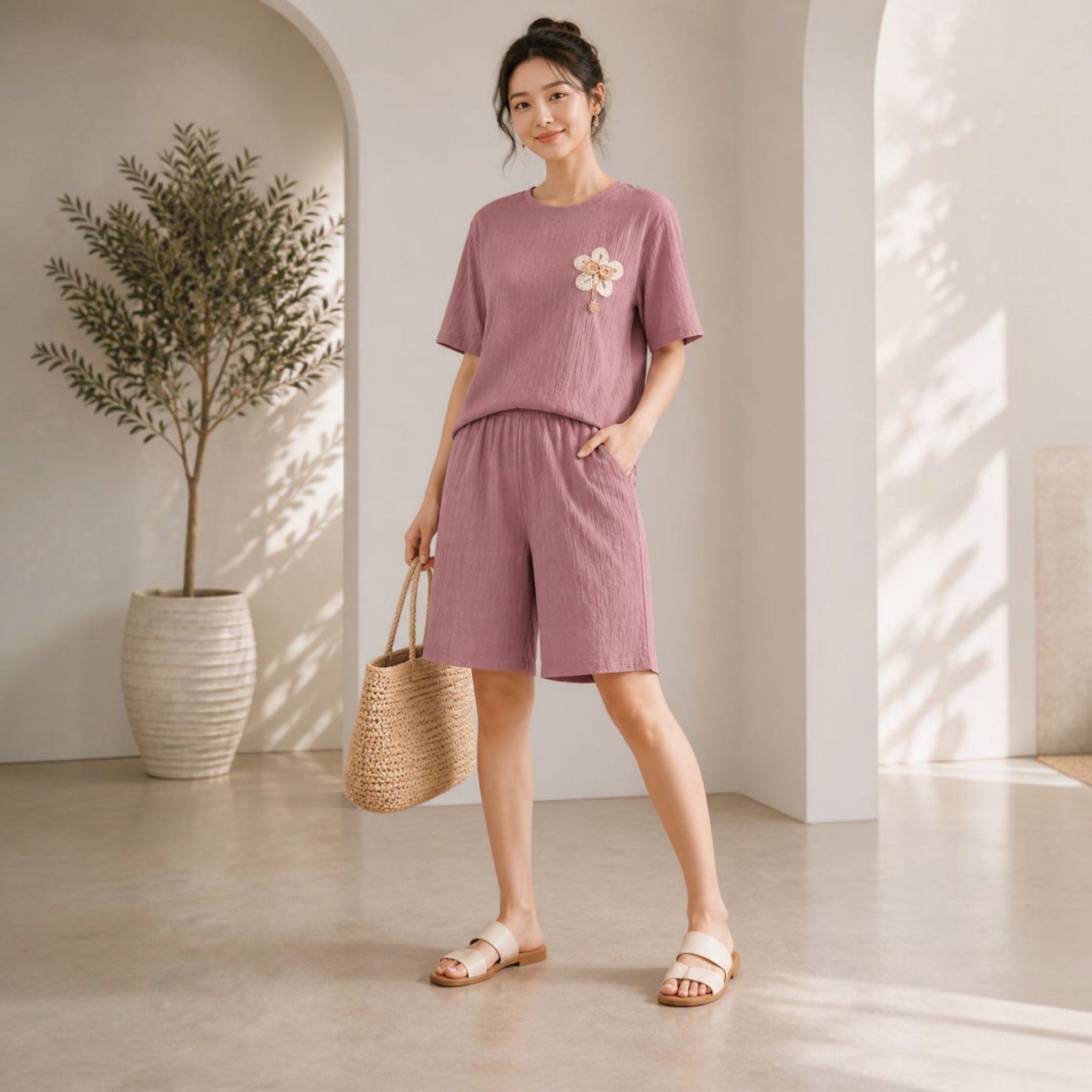 City Center mauve co-ord set with short sleeve top and shorts featuring a floral accent, worn by a woman indoors.