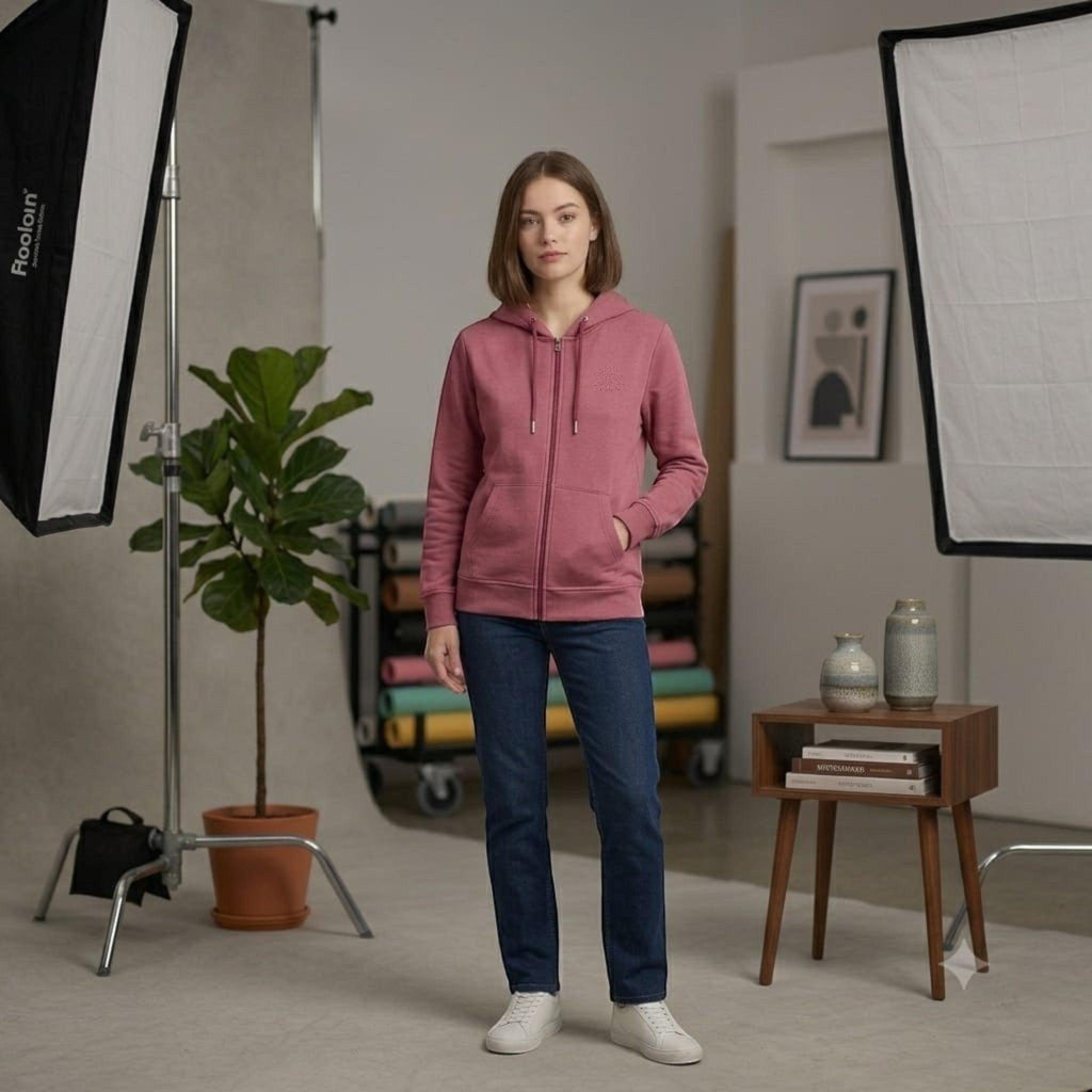 City Center mauve full zip hooded sweatshirt worn by a woman with blue jeans and white sneakers in a studio setting.