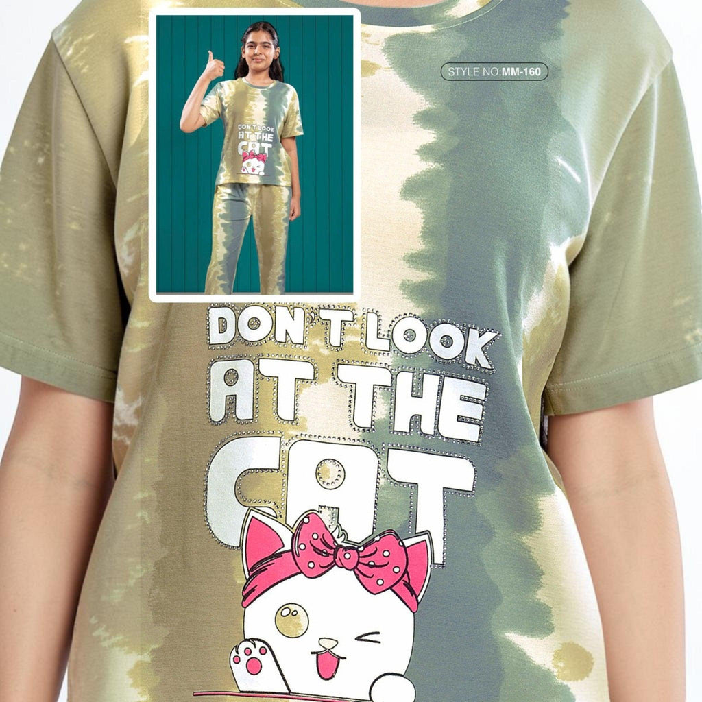 City Center Mawa Girl olive green tie-dye cord set with a cute cat graphic print and Don't Look At The Cat text