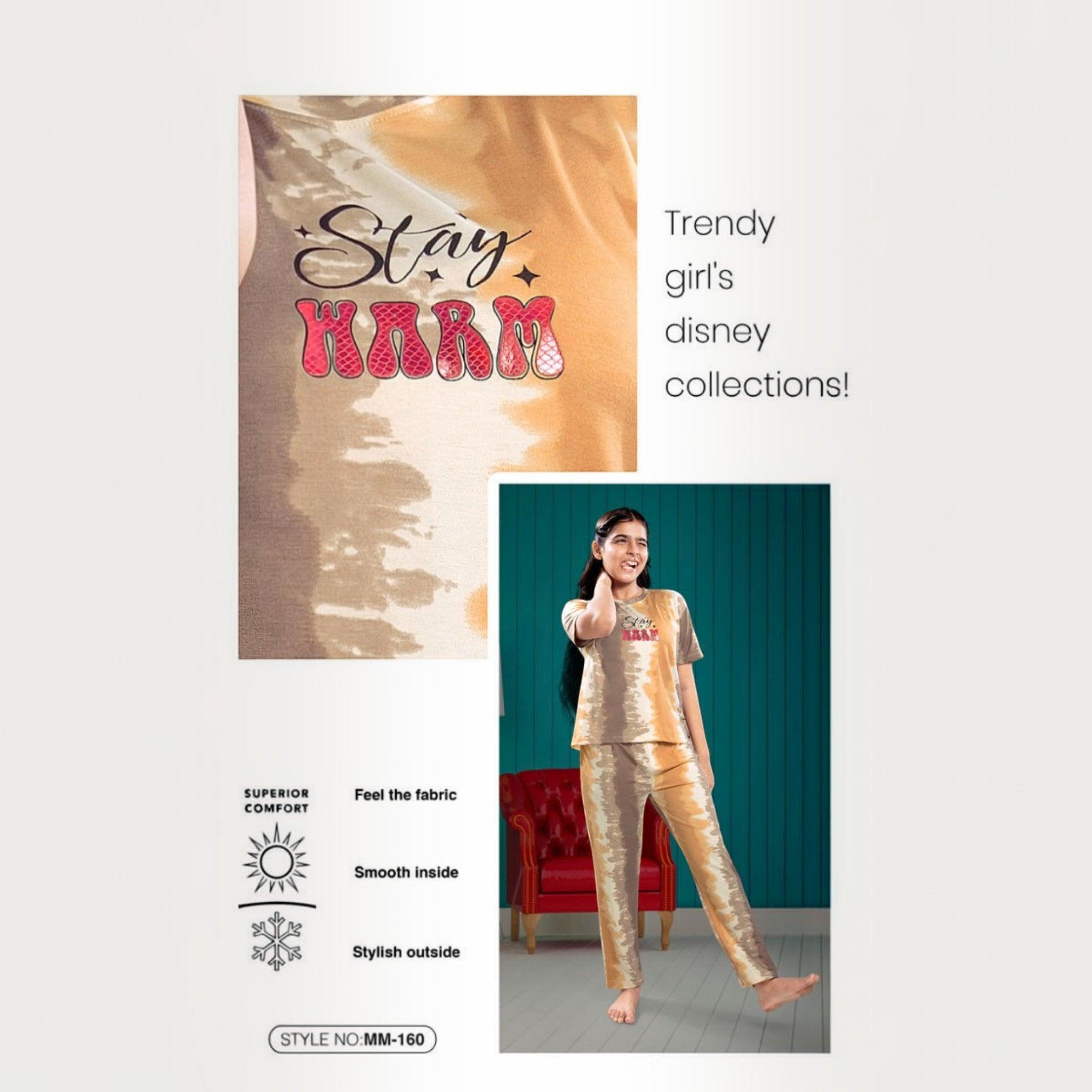 City Center Mawa Girl tie-dye co-ord set featuring a brown and beige top with Stay Warm graphic and matching pants