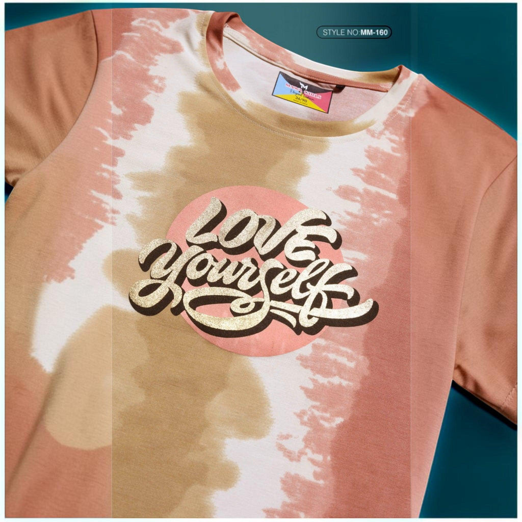 City Center Mawa Girl tie-dye t-shirt in peach and beige with Love Yourself gold glitter graphic print
