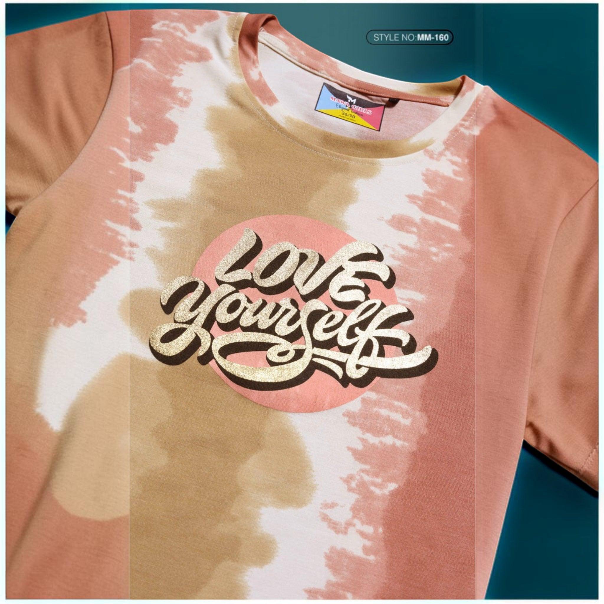 City Center Mawa Girl tie-dye t-shirt in peach and beige with Love Yourself gold glitter graphic print
