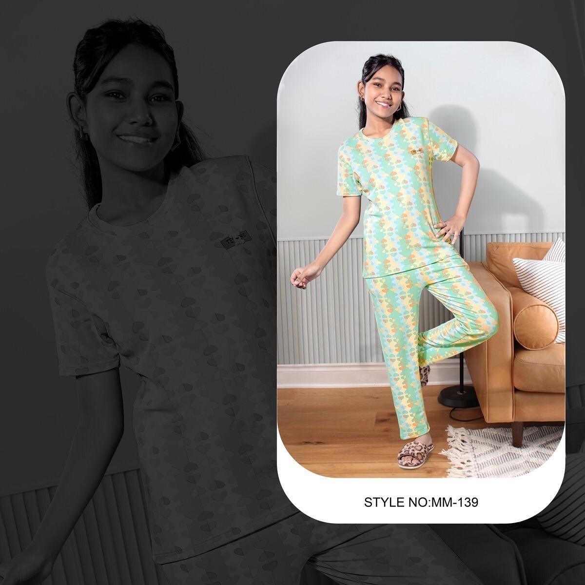 City Center Mawa girls premium cord set in mint green with heart pattern, made from soft imported looper fabric.
