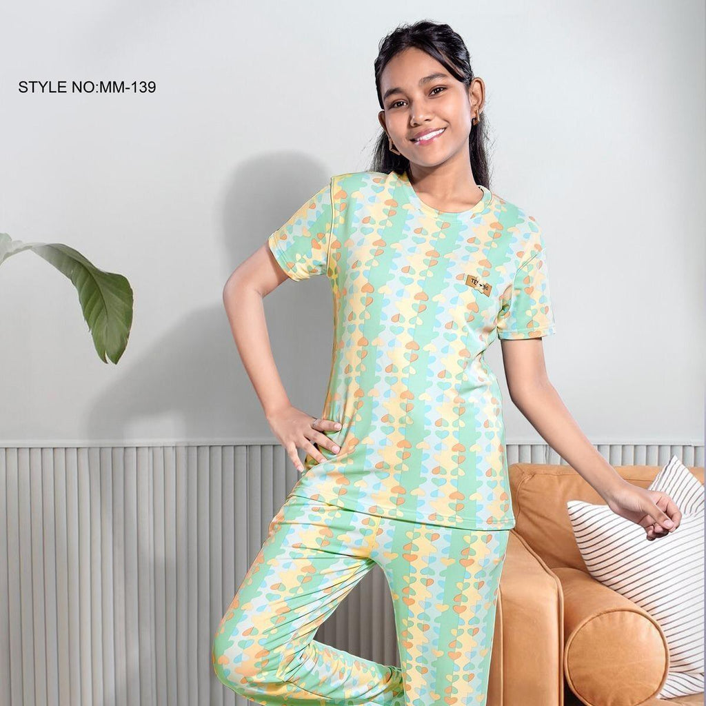 City Center Mawa girls premium cord set in soft imported looper fabric with a pastel heart and stripe pattern