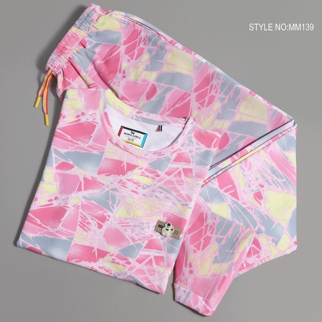 City Center Mawa girls premium cord set in pink and yellow abstract print made from soft imported looper fabric