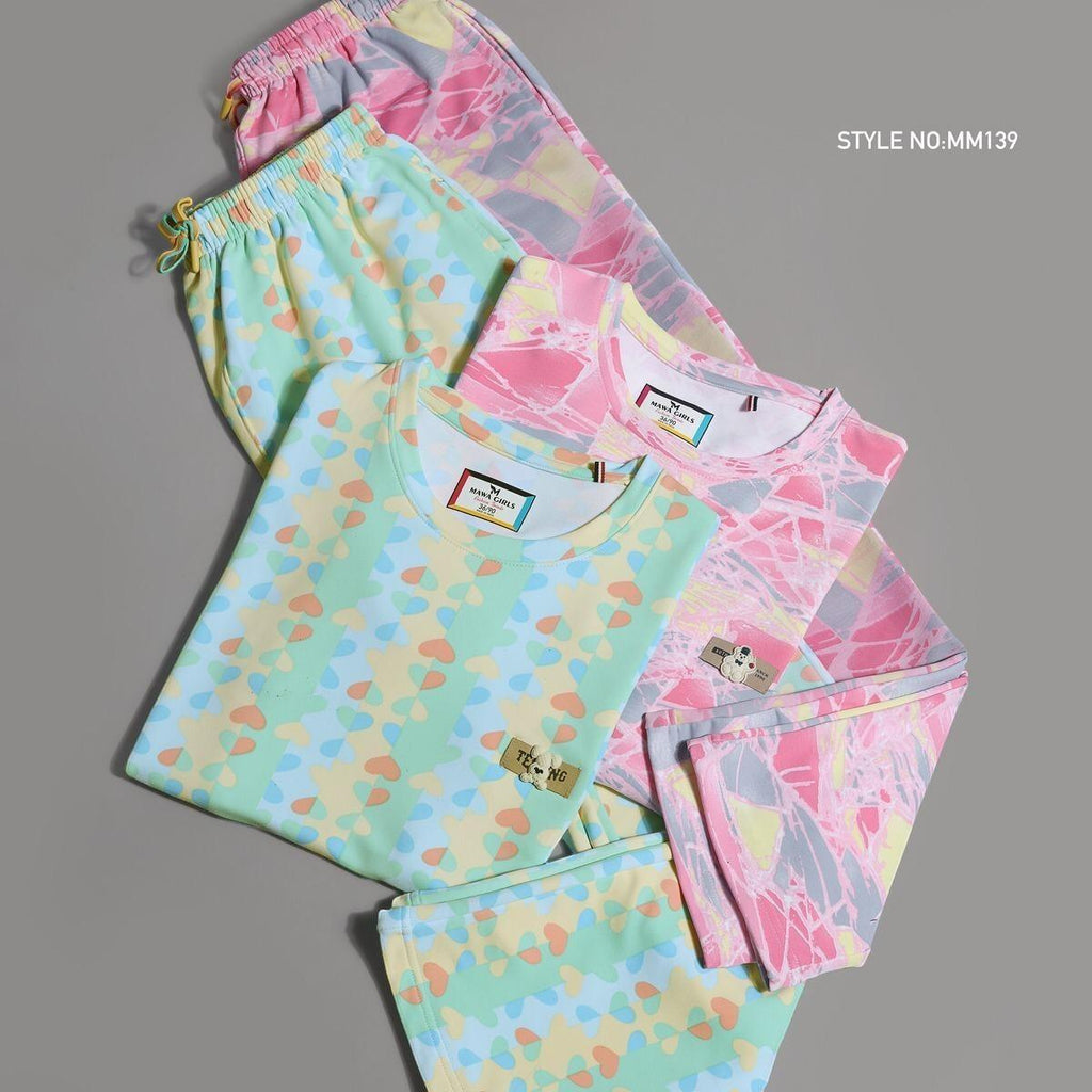 City Center Mawa girls premium looper fabric cord sets in pastel heart and abstract pink patterns