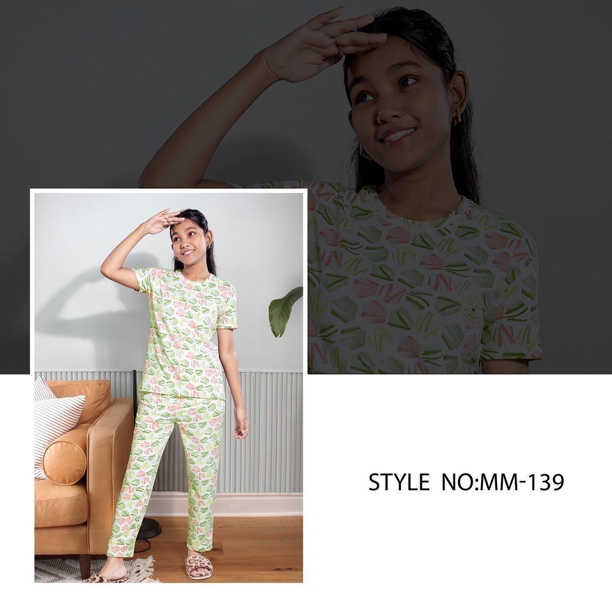 City Center Mawa girls premium cord set in soft imported looper fabric with a green and pink geometric floral print