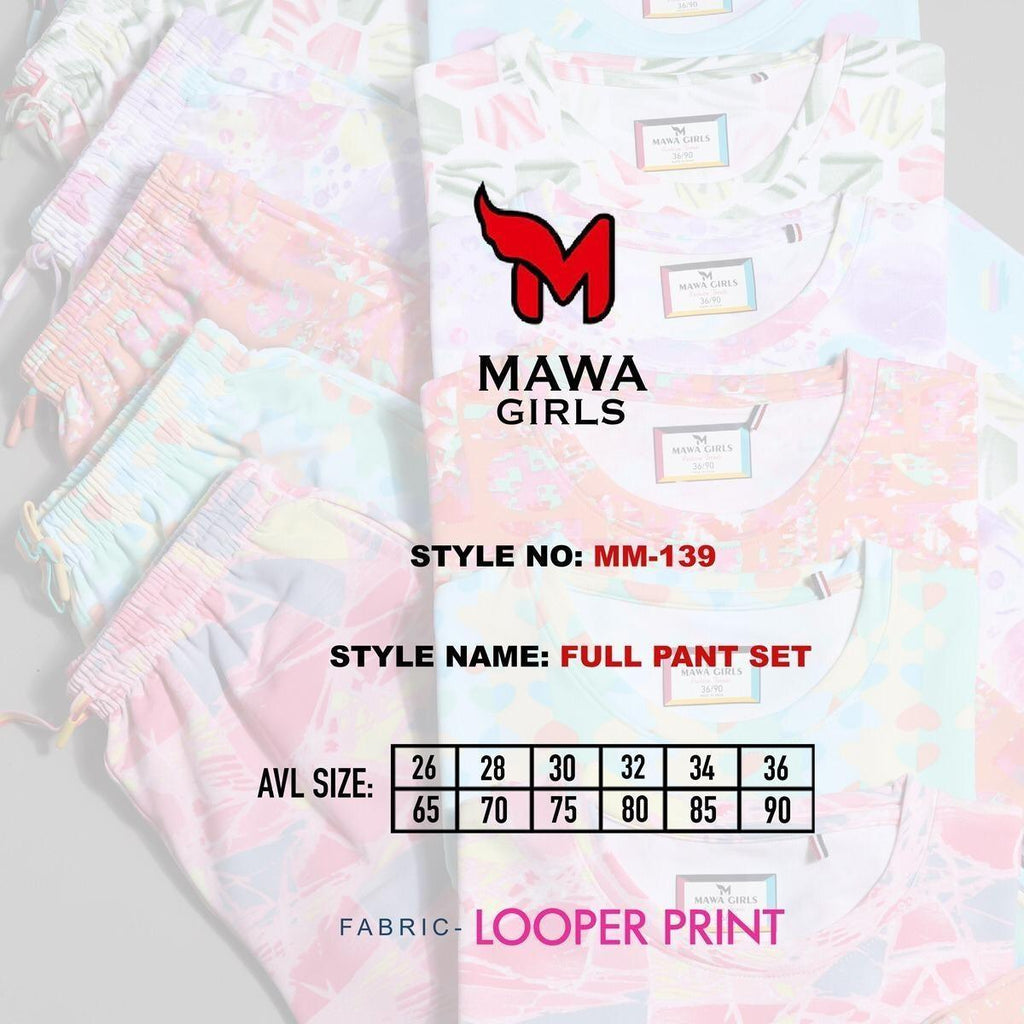 City Center Mawa Girls premium looper fabric cord set featuring a colorful abstract print in a matching top and pant set