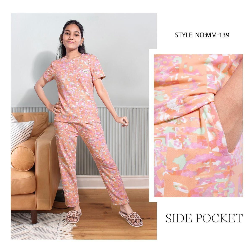 City Center Mawa girls premium peach patterned cord set in soft imported looper fabric with side pockets