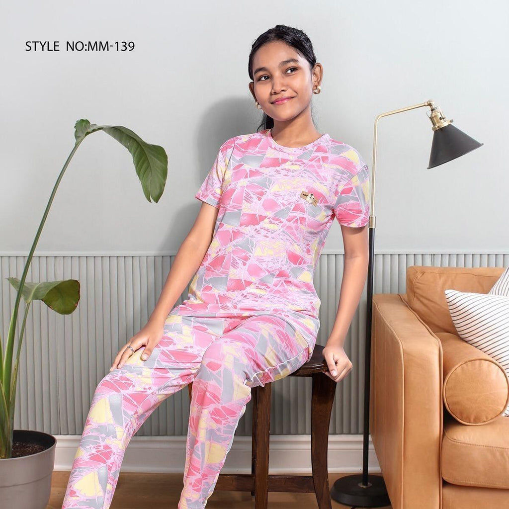 City Center Mawa girls pink geometric print cord set in soft imported looper fabric worn by a young girl