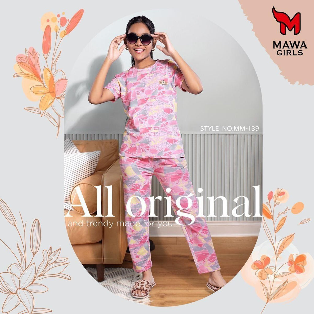 City Center Mawa Girls pink geometric print cord set in soft imported looper fabric worn by a girl with sunglasses