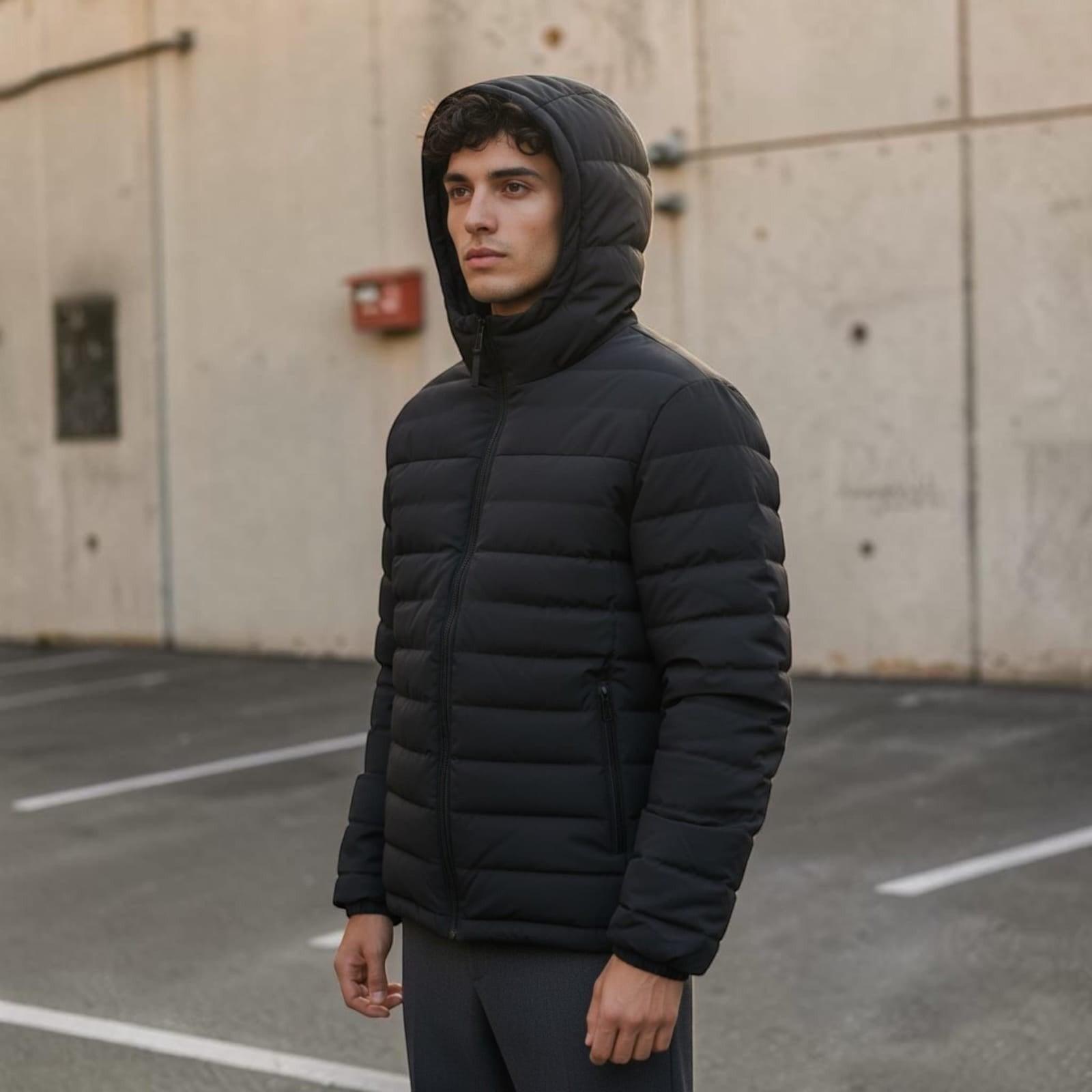 City Center Men's Bomber Jacket Feather Touch GD20 in black, featuring a hood and lightweight quilted design.