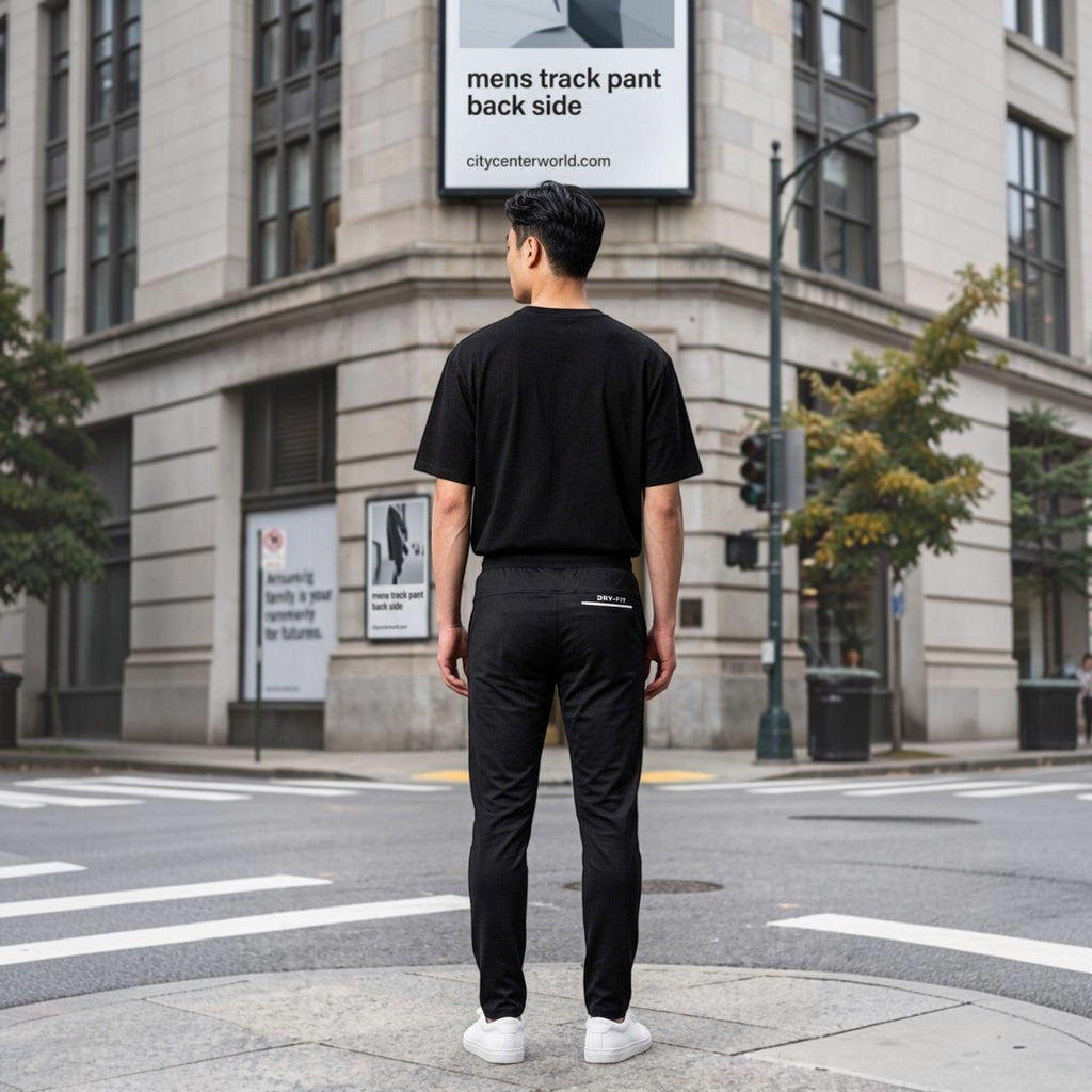 City Center men's black tapered track pants with back pocket, worn by a model in a city street setting.