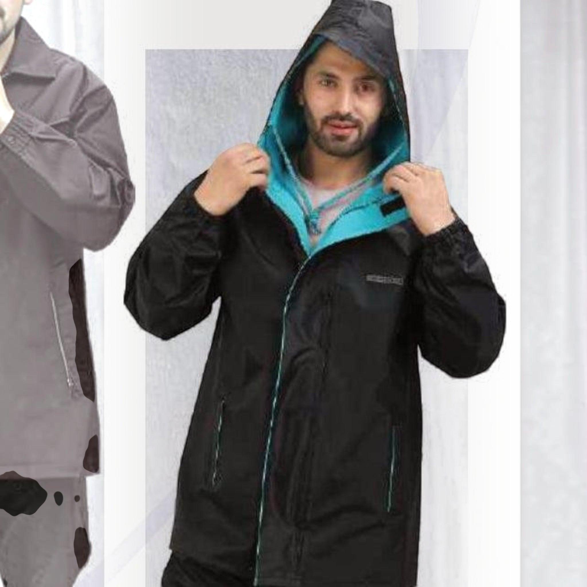 City Center men's black waterproof rain jacket with a teal hood lining, adjustable drawstring, and front zipper.