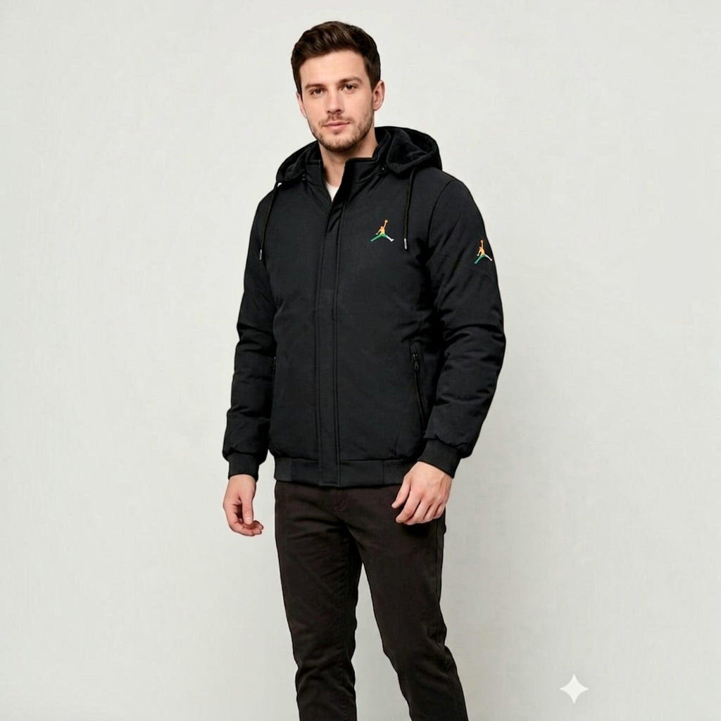City Center men's black weather-shield jacket with detachable hood, woolen lining, and athletic fit on a male model.