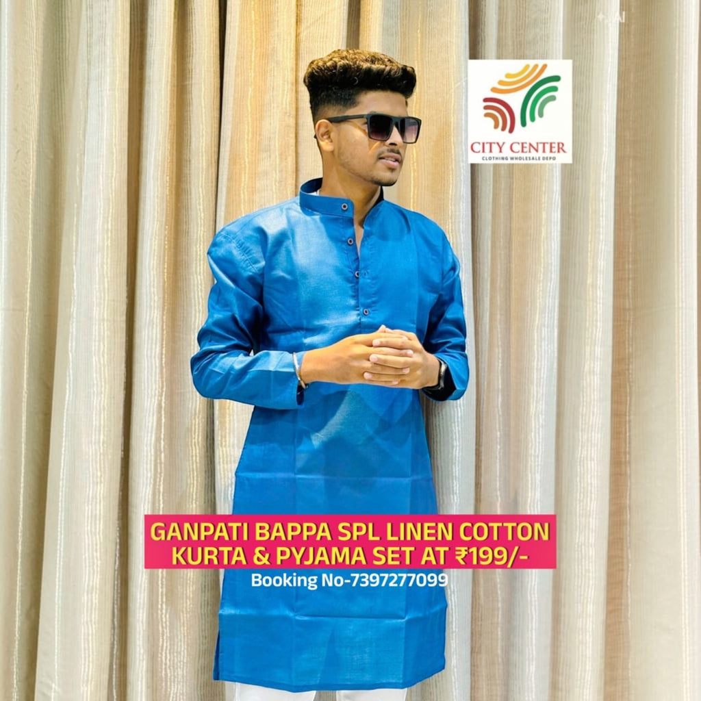City Center men's blue festive kurta and pant set worn by a model for Ganesh Chaturthi celebrations.