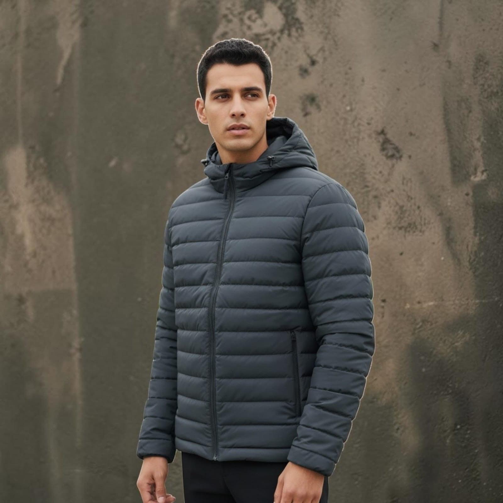 City Center Men's Bomber Jacket Feather Touch GD20 in dark grey with a hood, featuring lightweight quilted fabric.