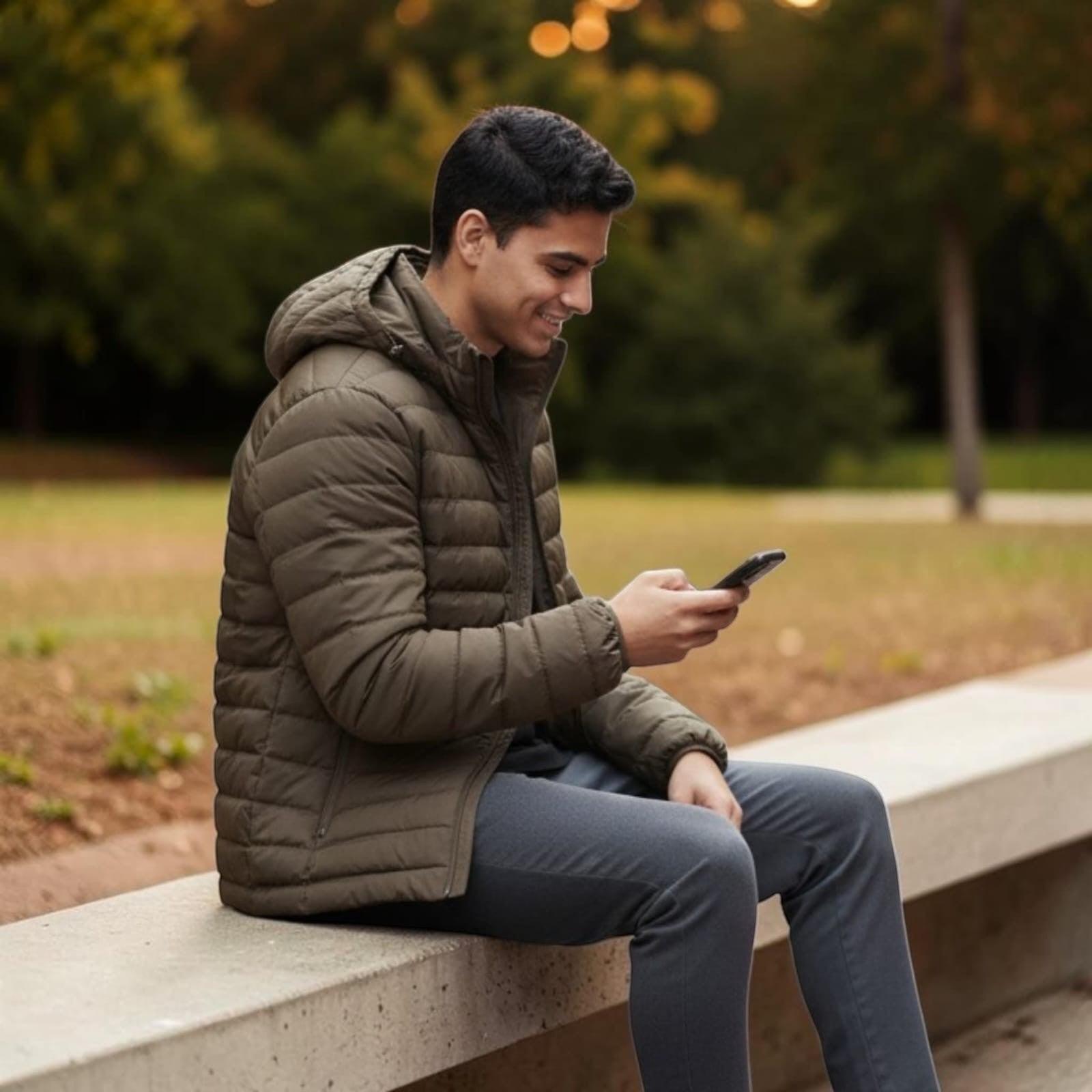 City Center Men's Bomber Jacket Feather Touch GD20 in olive green, worn by a man sitting on a park bench.