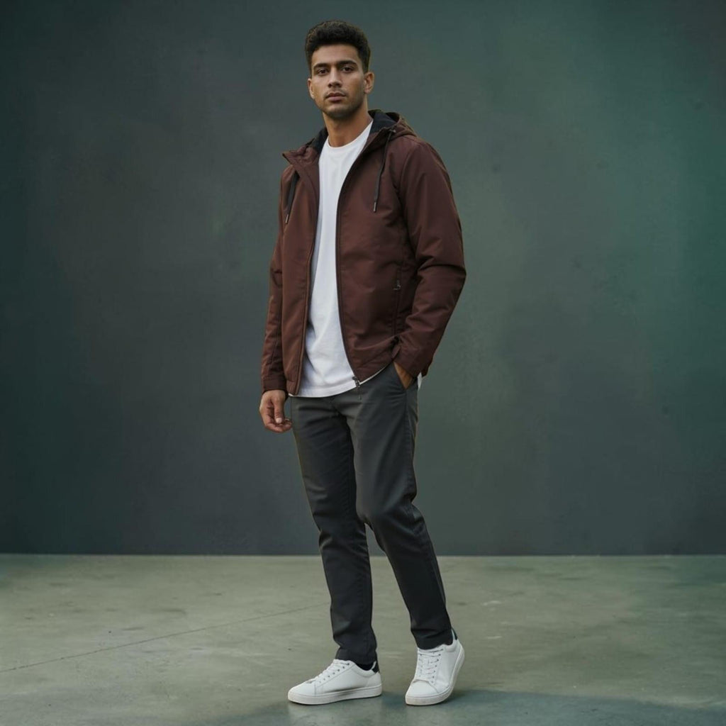 City Center mens brown hooded bomber jacket worn by a model with a white t-shirt and grey trousers