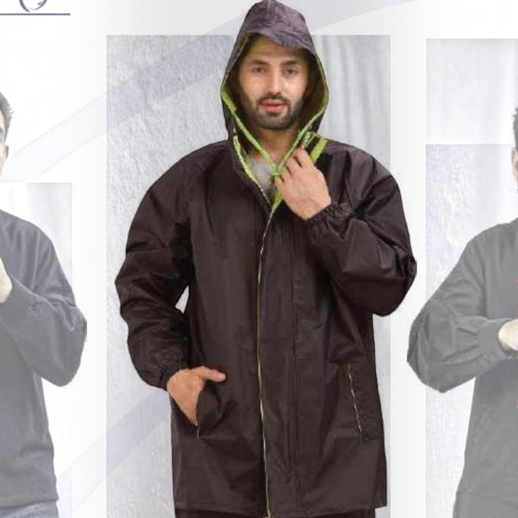 City Center Top N Town men's brown waterproof rain jacket with a lime green hood lining and front zipper closure.