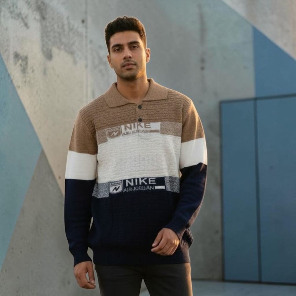 City Center men's long sleeve knit polo sweater with a tan, white, and navy color-block design and Nike branding.