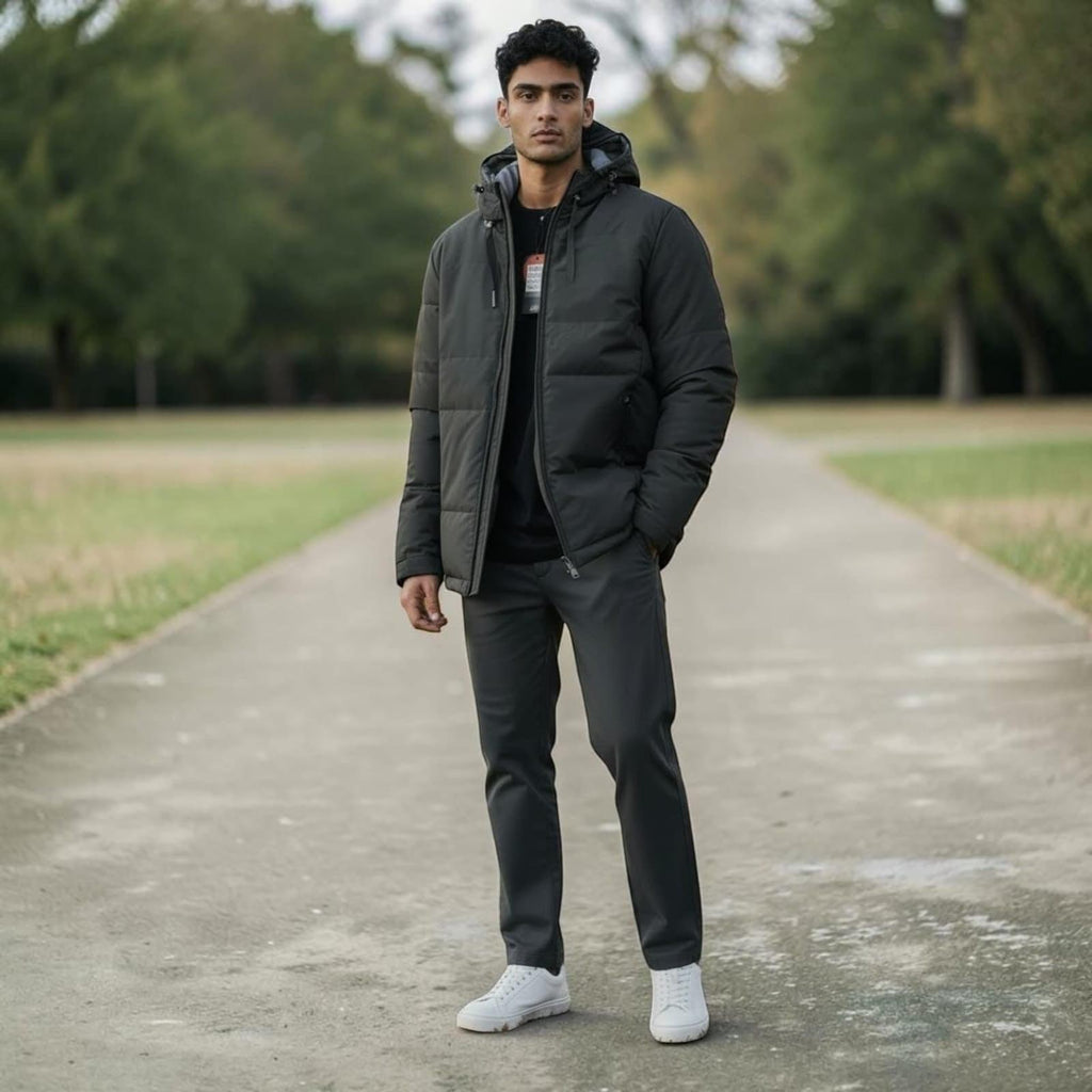 City Center men's charcoal grey lightweight hooded jacket worn by a model on a park path with white sneakers.