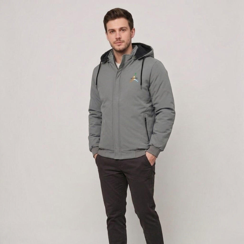 City Center men's grey weather-shield jacket with detachable hood, woolen lining, and zippered pockets on a model.